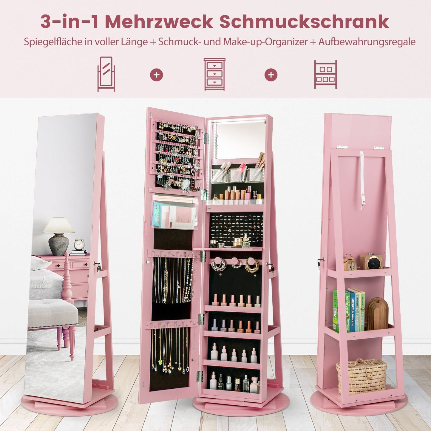 360 Rotating Jewelry Cabinet with LED Lights and Mirror