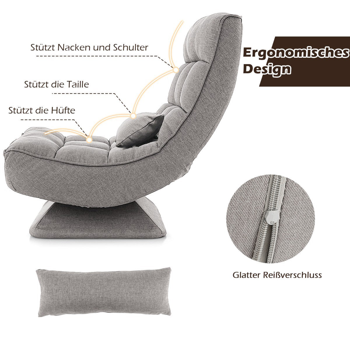 360 Swivel Floor Chair with Adjustable Backrest, Grey