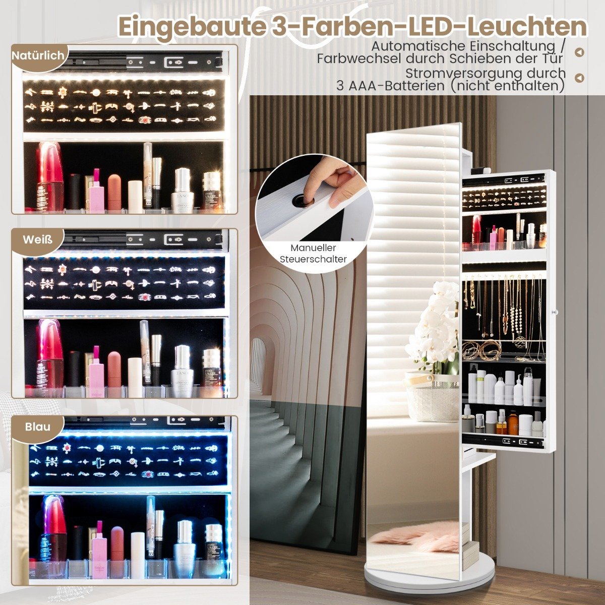 360° rotating jewelry cabinet with mirror & LED lights. Freestanding mirror cabinet