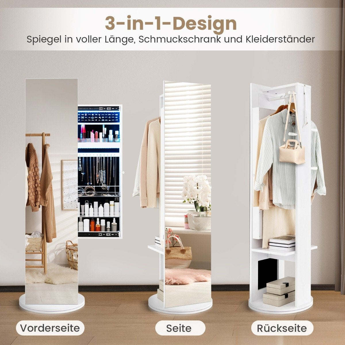 360° rotating jewelry cabinet with mirror & LED lights. Freestanding mirror cabinet