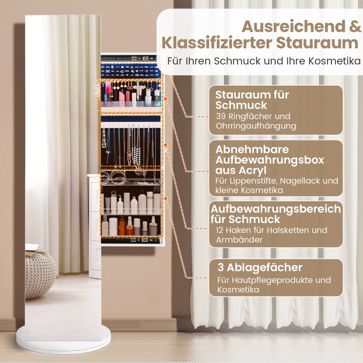 360° rotating jewelry cabinet with mirror & LED lights. Freestanding mirror cabinet