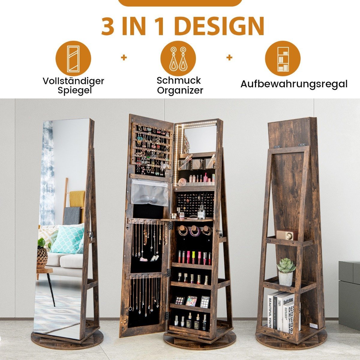360° rotating jewelry cabinet with three-color LED lights, free-standing mirror cabinet, brown