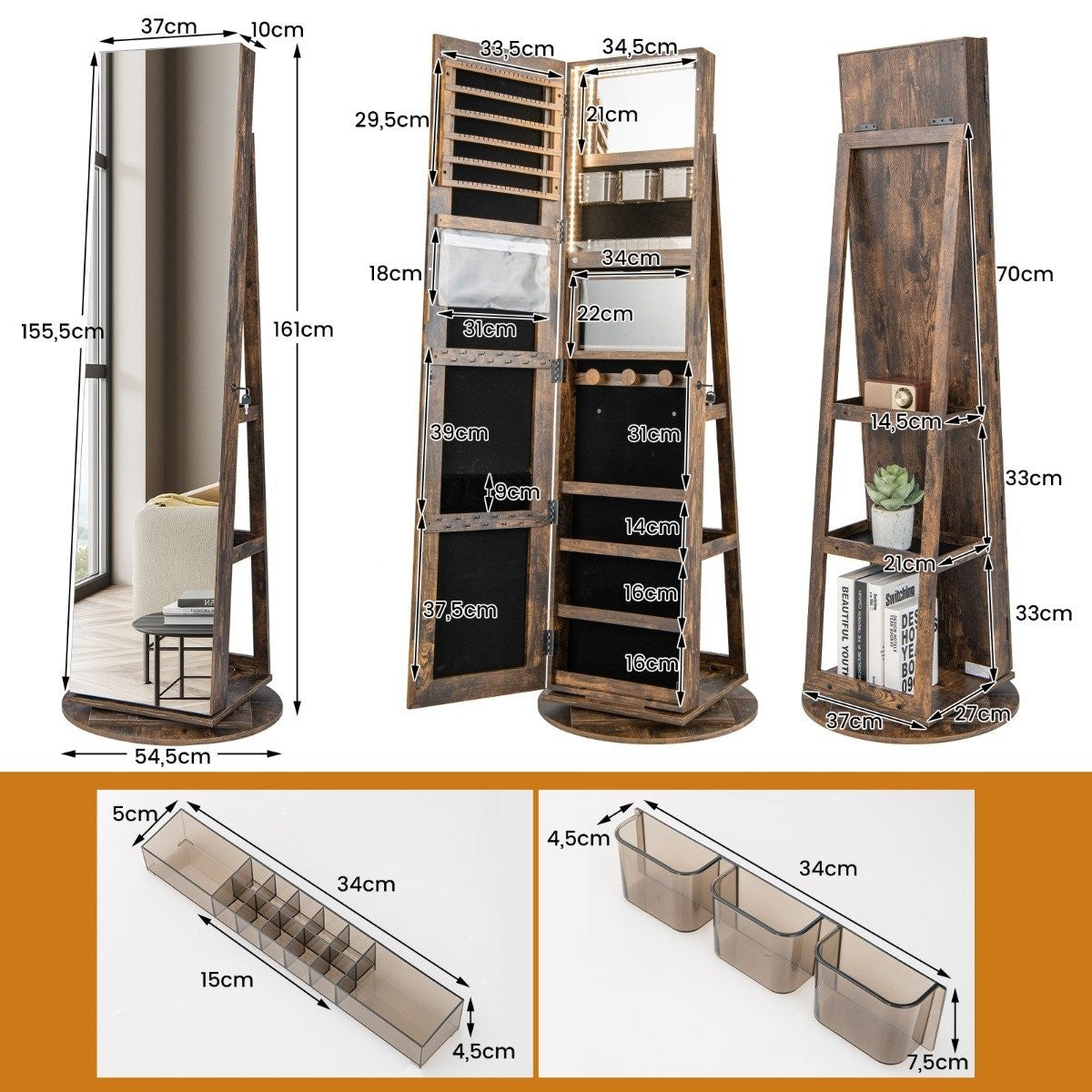 360° rotating jewelry cabinet with three-color LED lights, free-standing mirror cabinet, brown