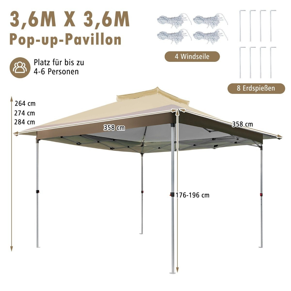 3.6 x 3.6m pavilion with double roof, waterproof, stable, winterproof, UV protection 50+