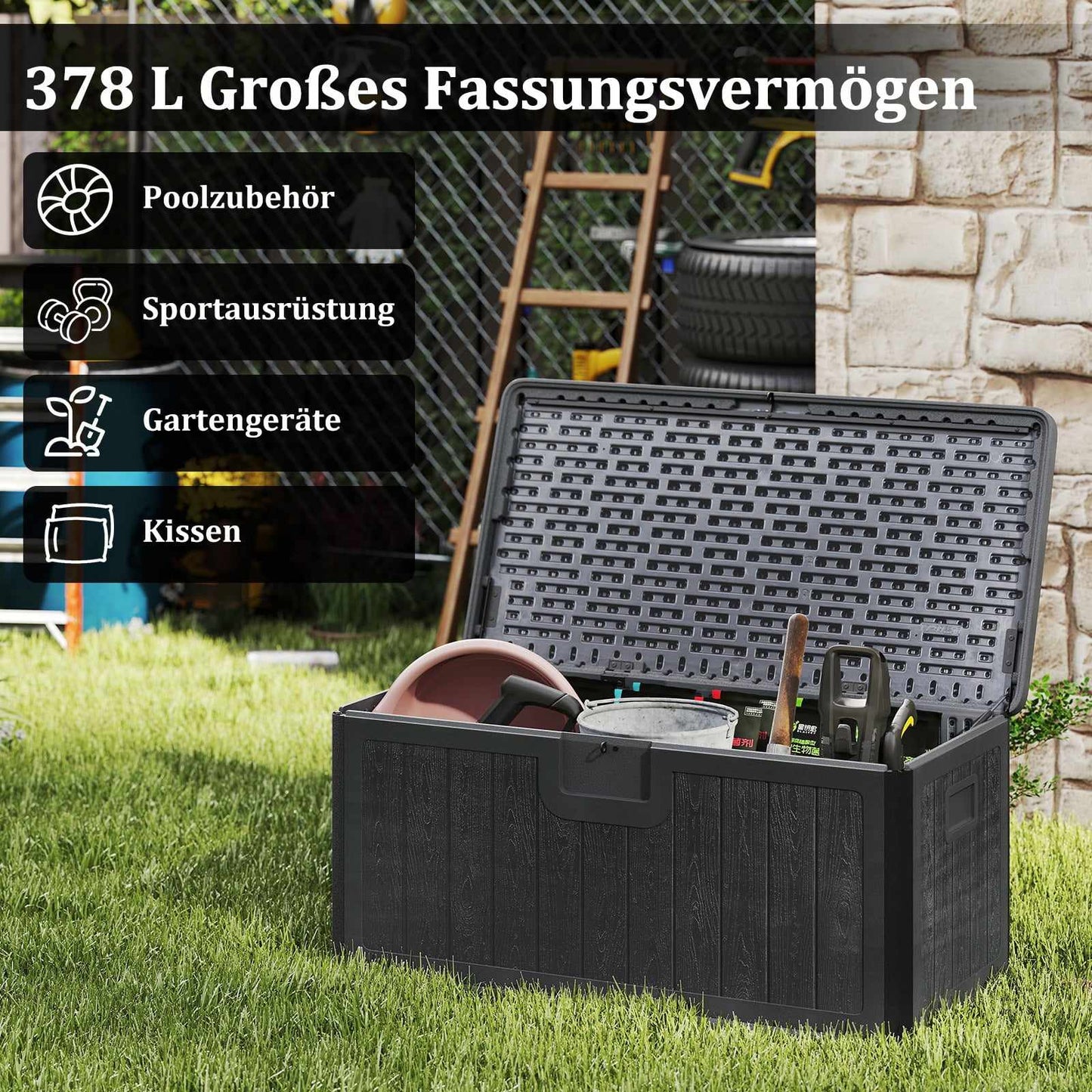 378L Waterproof Outdoor Storage Box, Lockable Lid, Grey