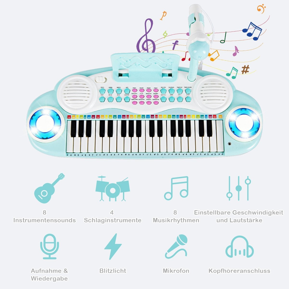 37 Keys Digital Piano Children's Keyboard Piano Keyboard with Microphone 48 x 20 x 38 cm Blue
