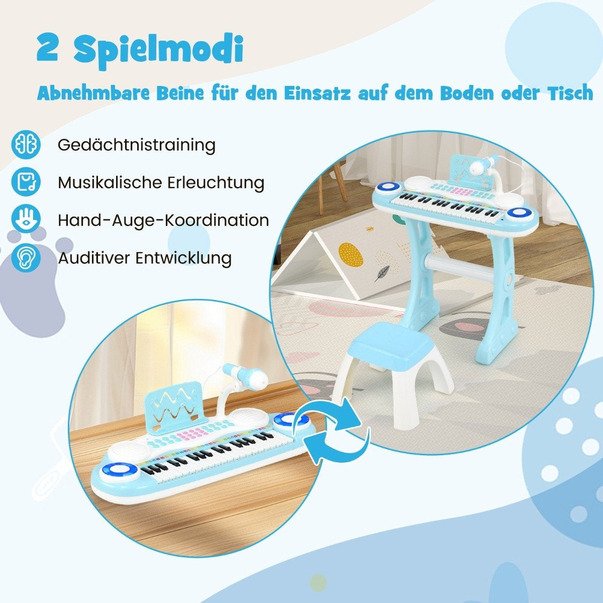 37 Keys Piano Keyboard with Light Electric Children's Keyboard Recording & Playback Toy Piano Blue