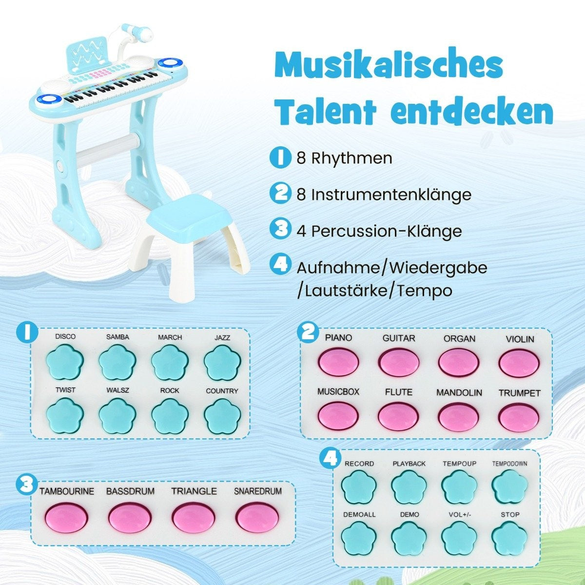37 Keys Piano Keyboard with Light Electric Children's Keyboard Recording & Playback Toy Piano Blue