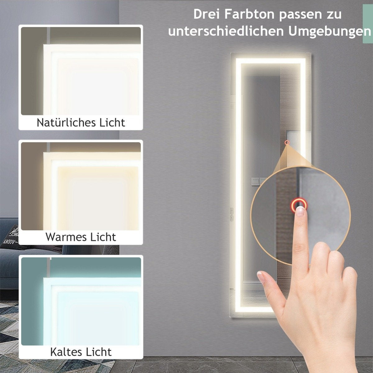 37 x 120 cm 2 in 1 wall mirror with 3 colors LED lighting full length mirror hanging mirror