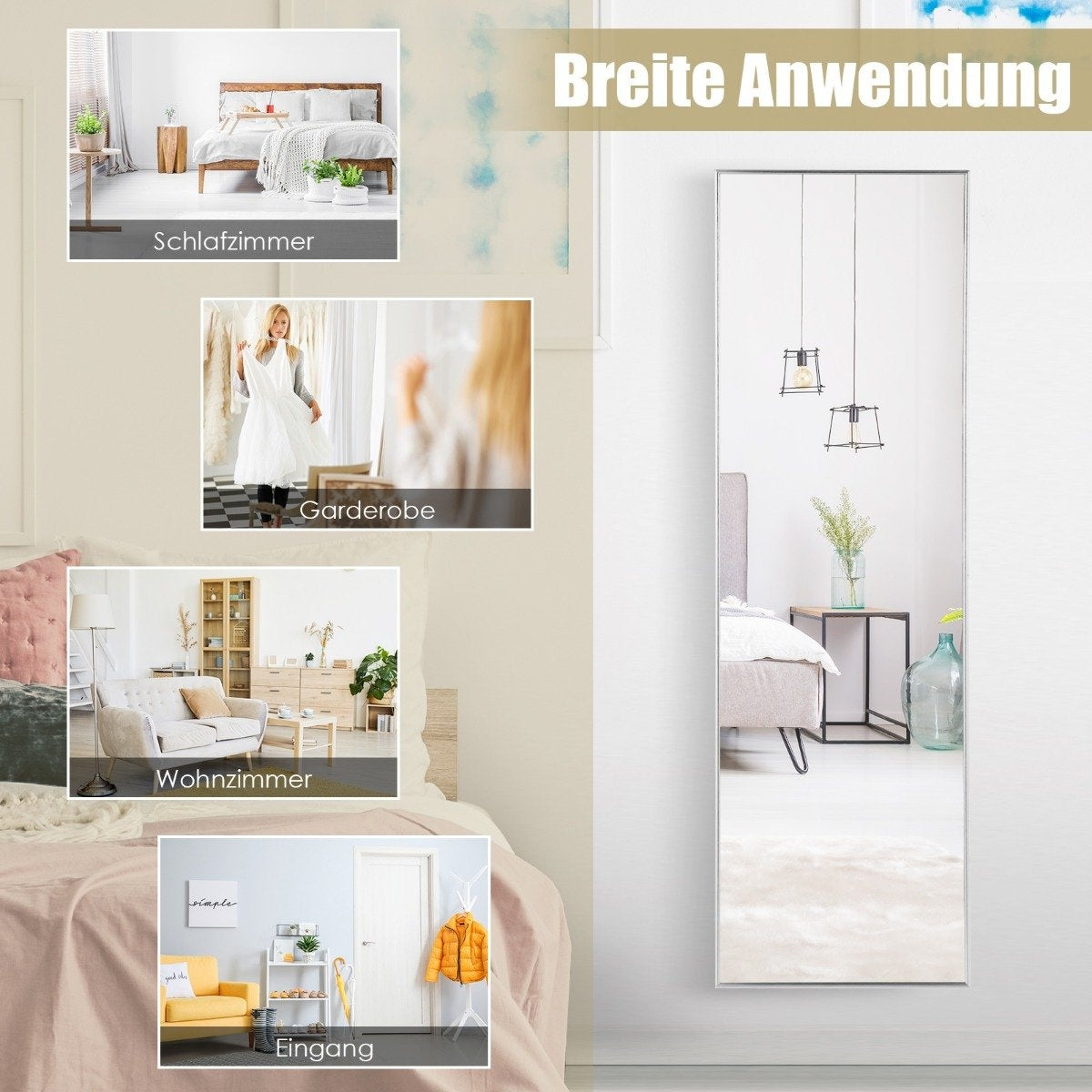 37 x 120 cm full-length mirror with height-adjustable hanging hooks wall mirror silver