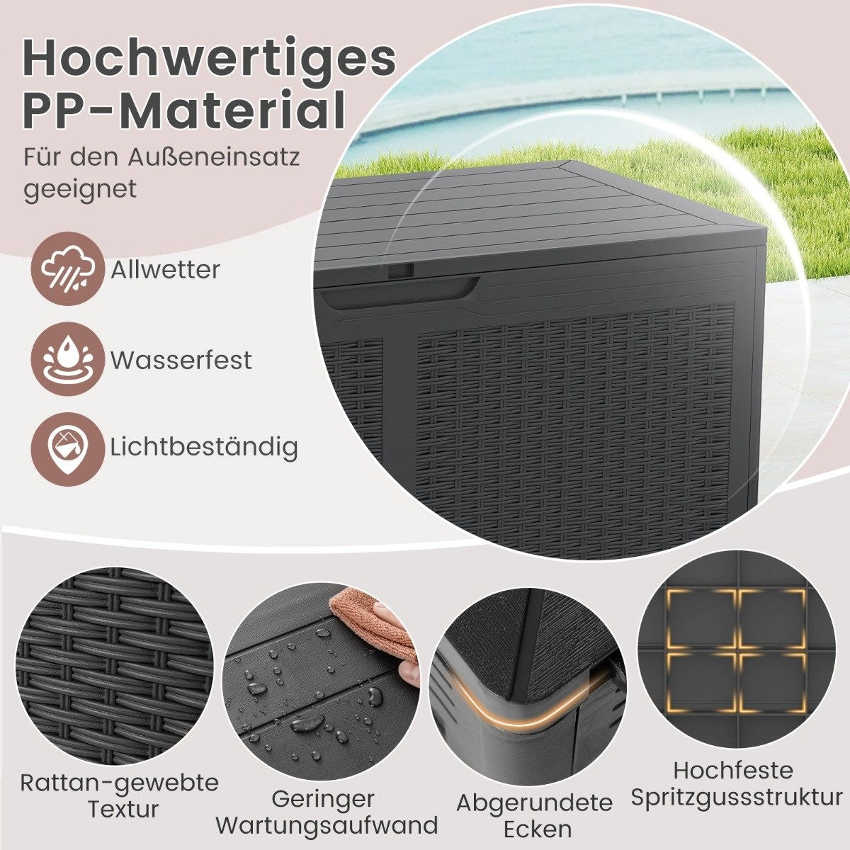 380L Outdoor Storage Box with Wheels, Waterproof Lid
