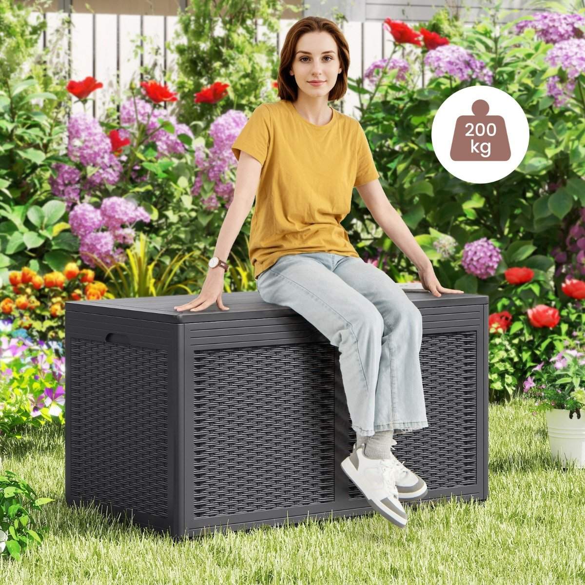 380L Outdoor Storage Box with Wheels, Waterproof Lid