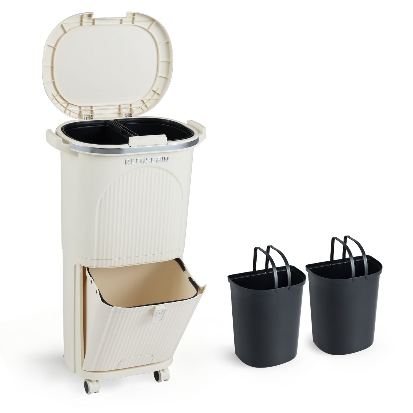 38L Kitchen Trash Bin with Lid, 2 Removable Bins, Wheels
