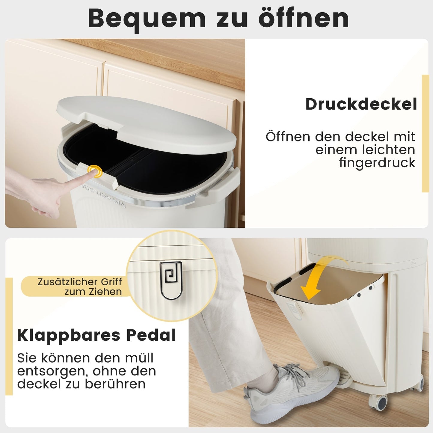 38L Kitchen Trash Bin with Lid, 2 Removable Bins, Wheels