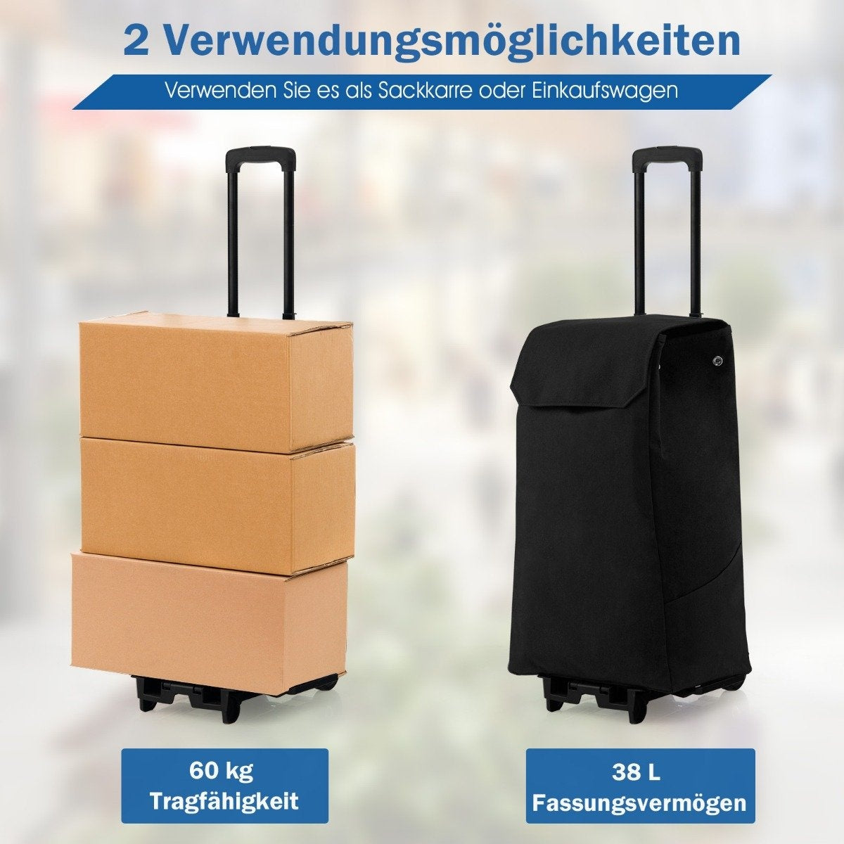 38 L Shopping Trolley Collapsible All-Purpose Trolley with 4 Flexible ABS Wheels Black