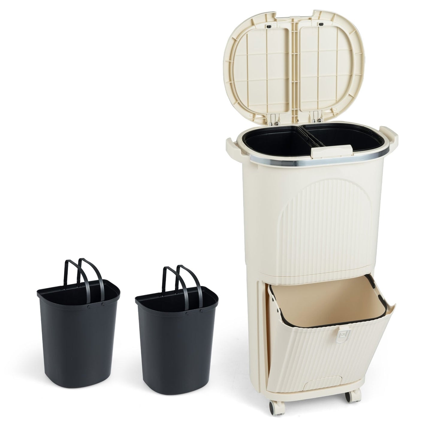 38L Trash Bin with 2 Removable Buckets & Lid, Beige