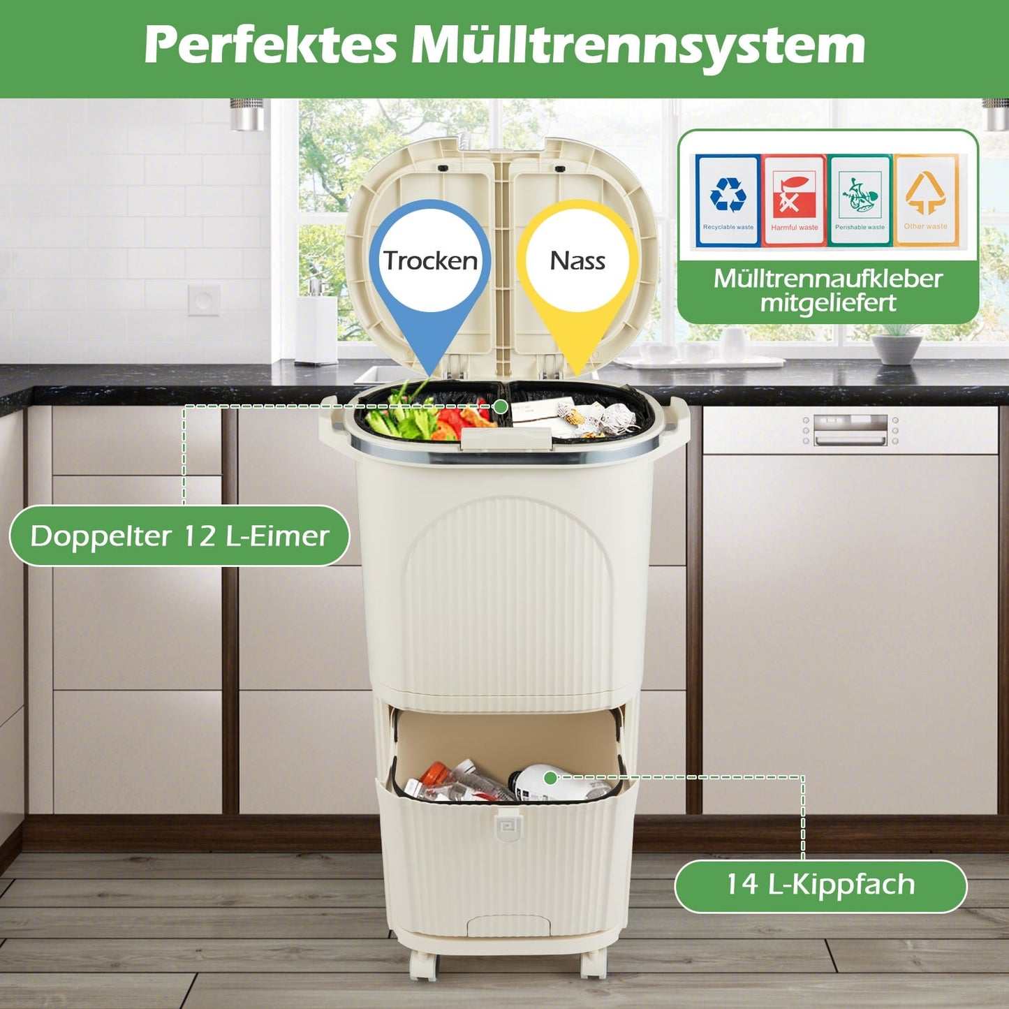 38L Trash Bin with 2 Removable Buckets & Lid, Beige