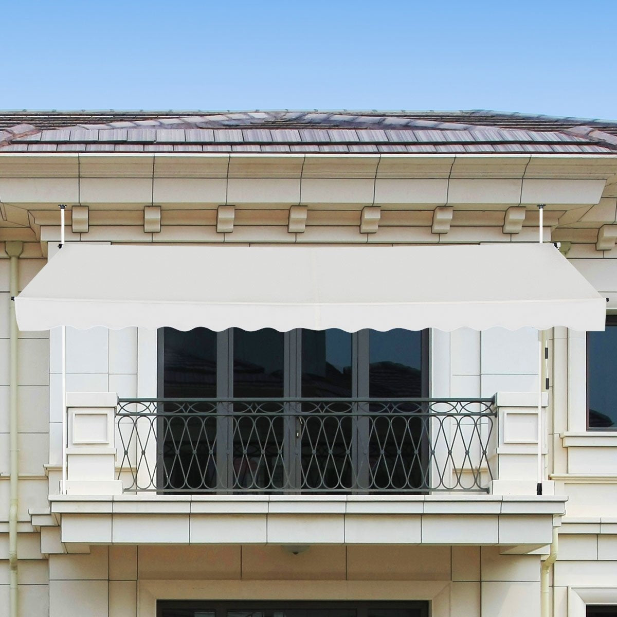 395 cm wide clamp awning without drilling, UV-resistant balcony awning, height-adjustable awning, beige