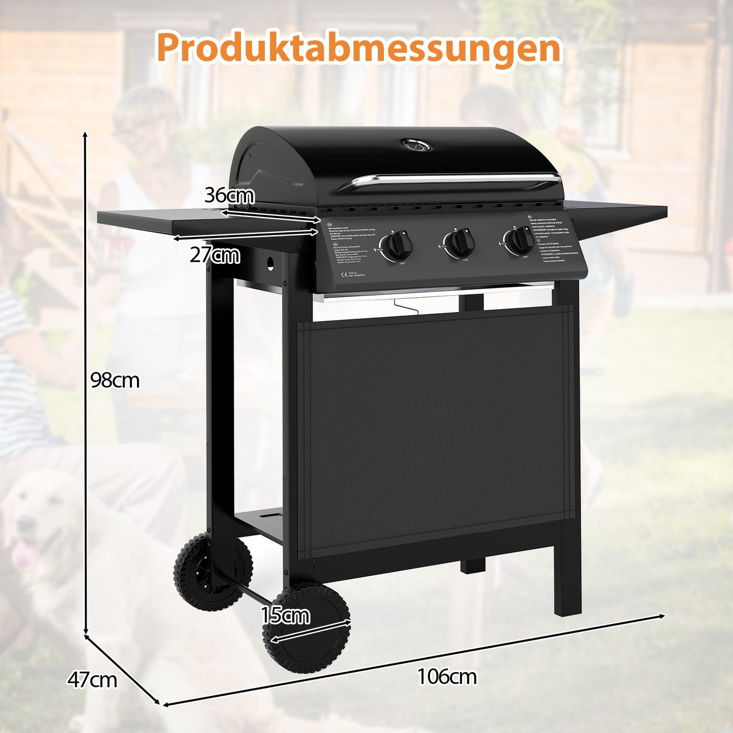 3-Burner Outdoor Gas Grill with Side Tables, 24,000 BTU