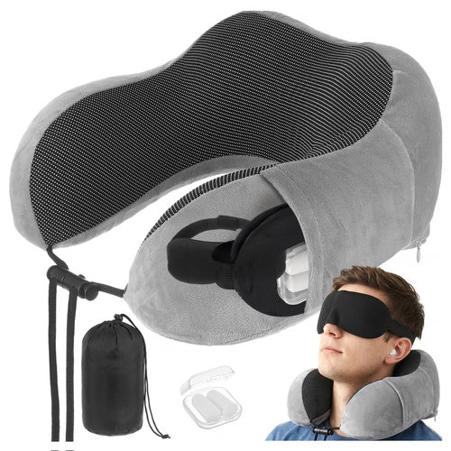 3D Memory Foam Travel Pillow with Earplugs, Neck Support
