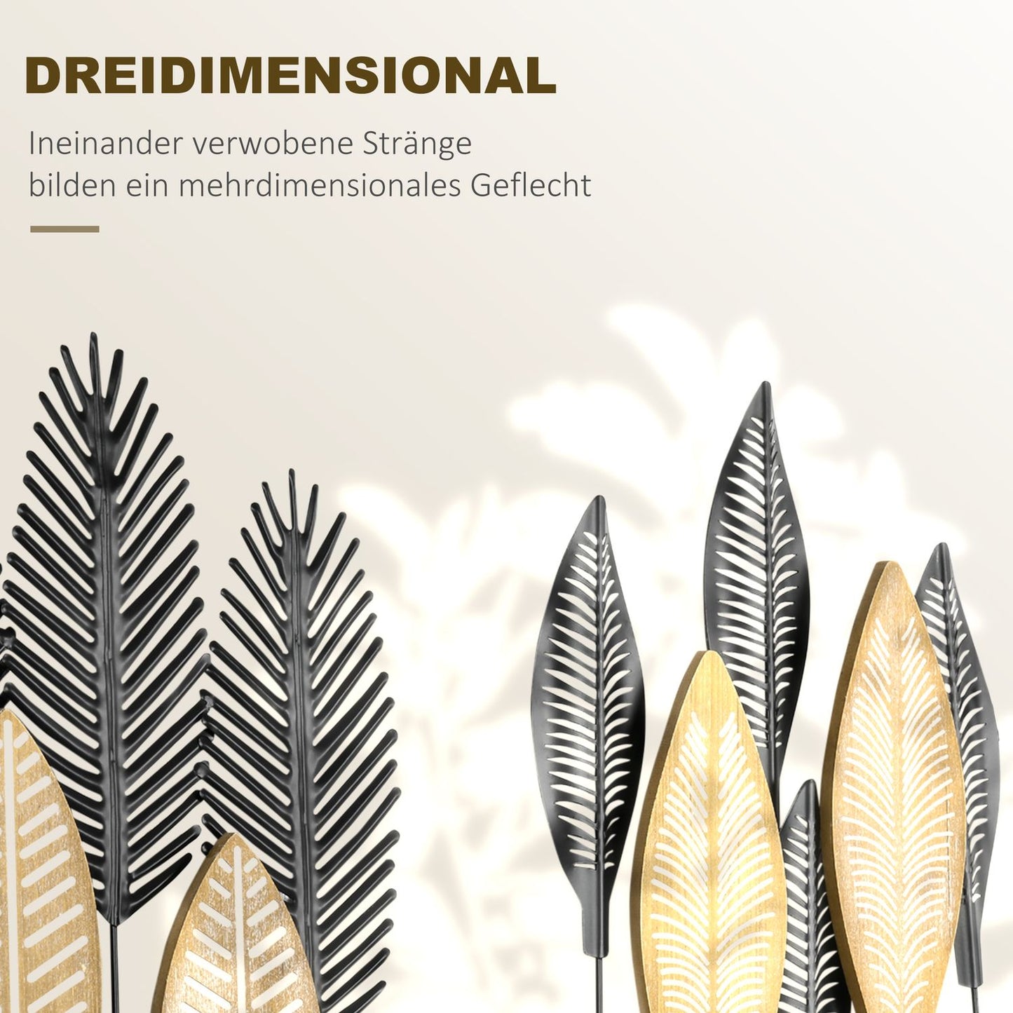3D Metal Wall Art Leaf Set - Black & Natural, 40x46 Cm