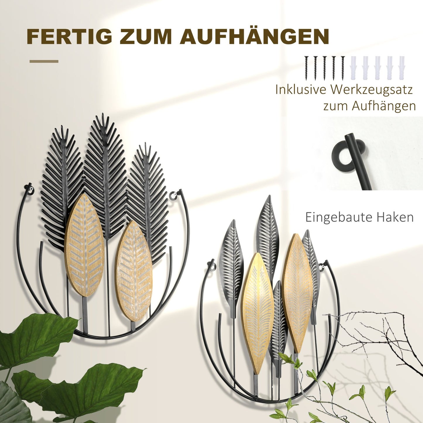 3D Metal Wall Art Leaf Set - Black & Natural, 40x46 Cm