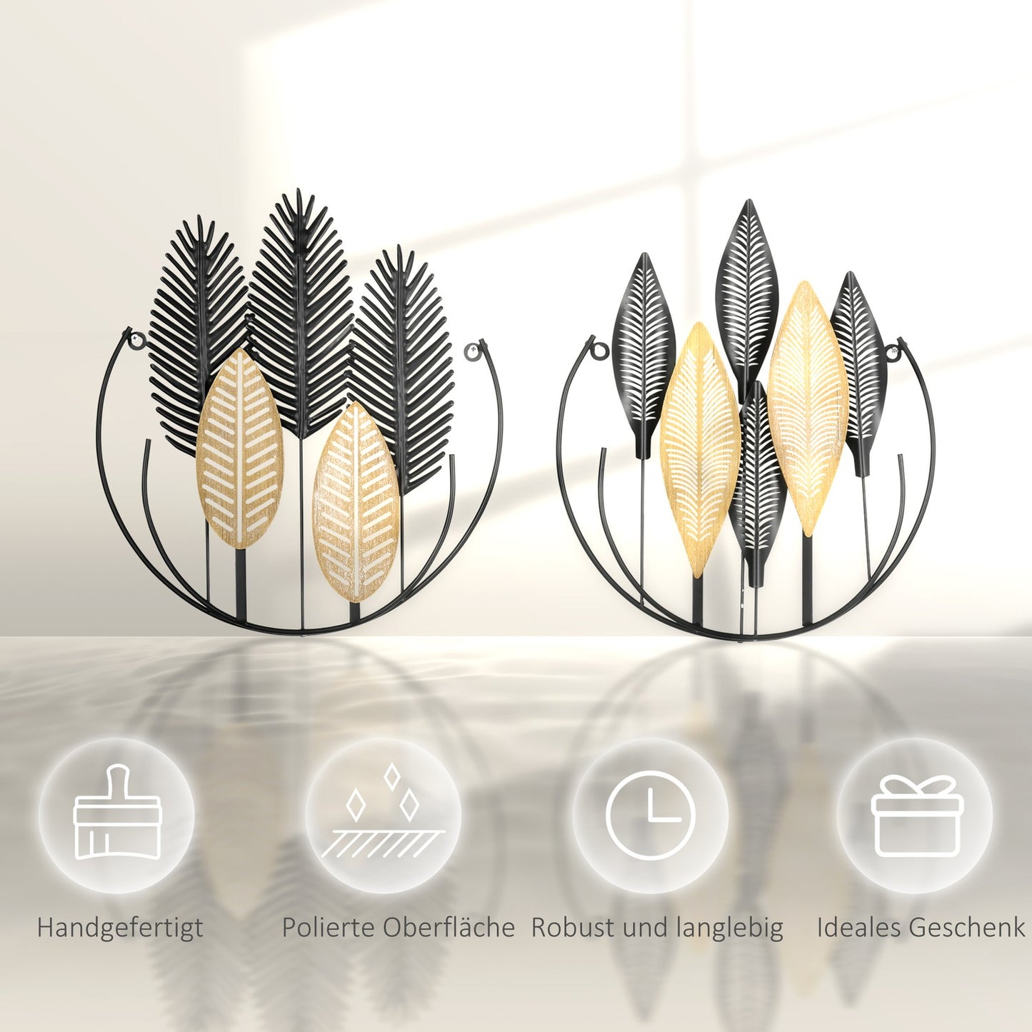 3D Metal Wall Art Leaf Set - Black & Natural, 40x46 Cm