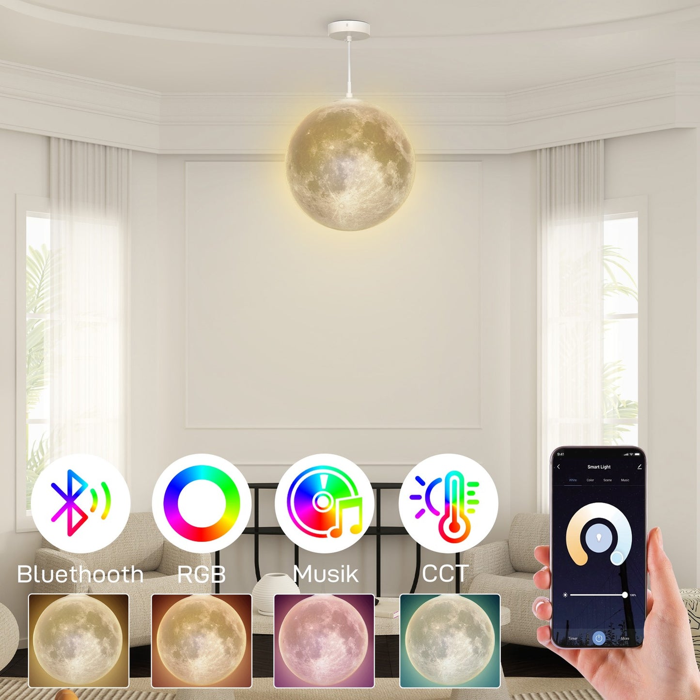 3D Moon Pendant Light with color change and app control