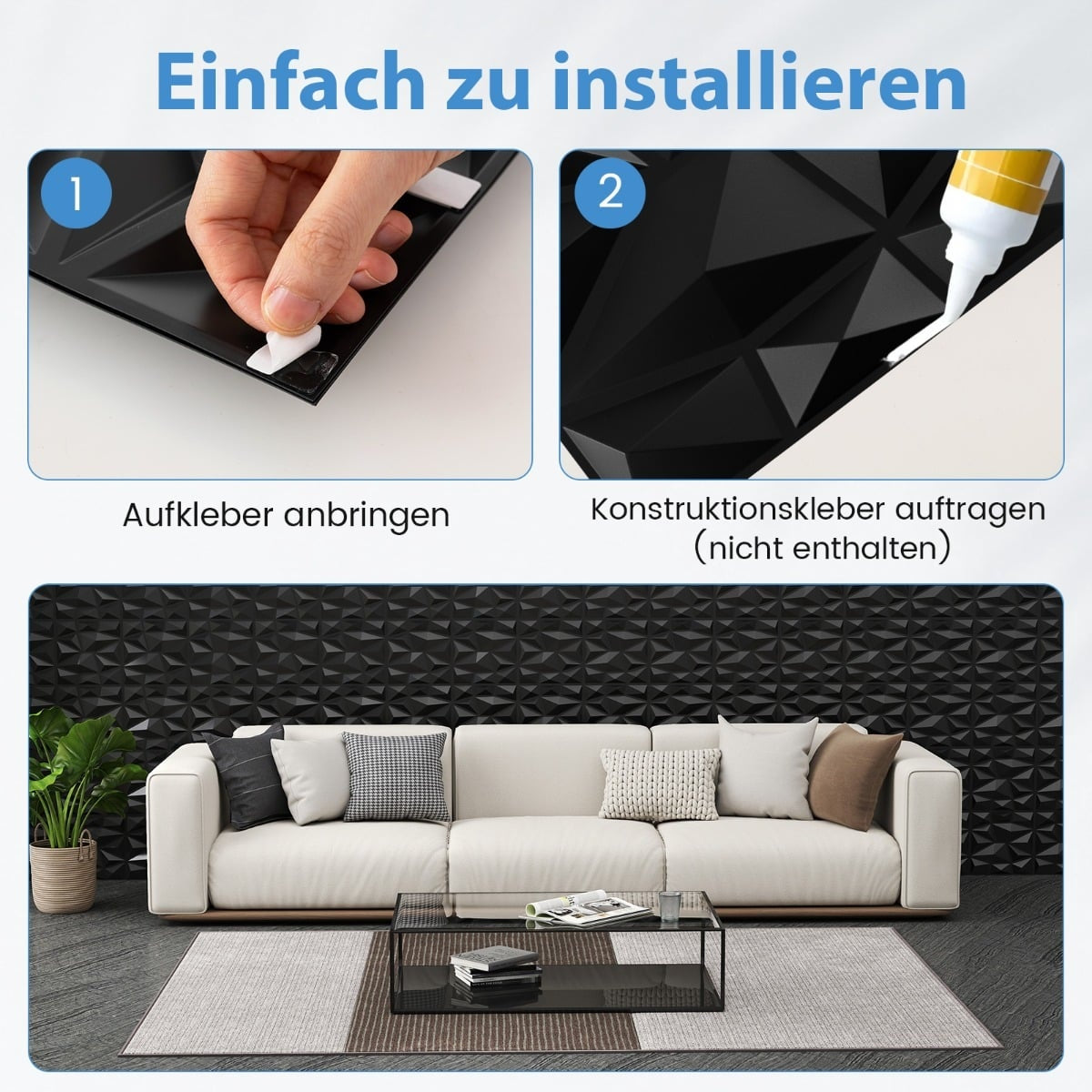 3D Wall Panels, Black Diamond Pattern, 100 Pack, 9m² Coverage