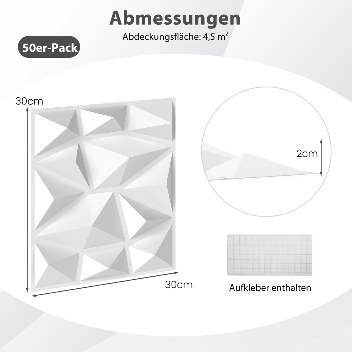3D Wall Panels, Diamond Pattern, 50 Pack, 4.5m² Coverage