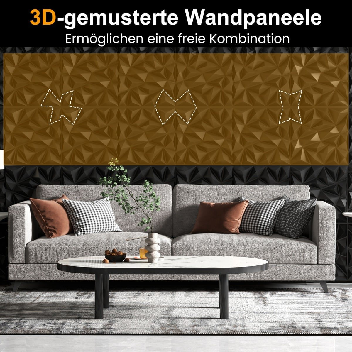 3D Wall Panels, Diamond Pattern, Black, 10m² Coverage