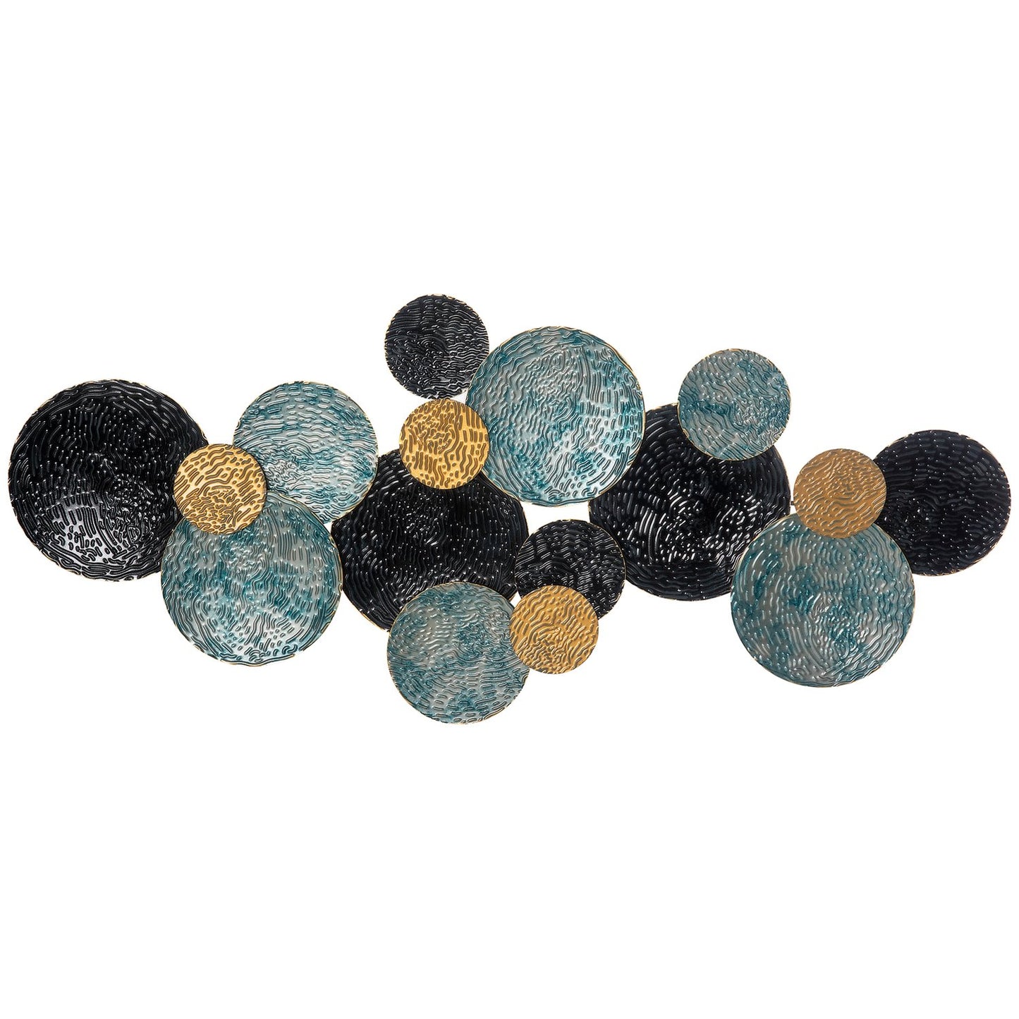 3D metal wall art - modern sculpture, gold/black/blue, 121x53 cm