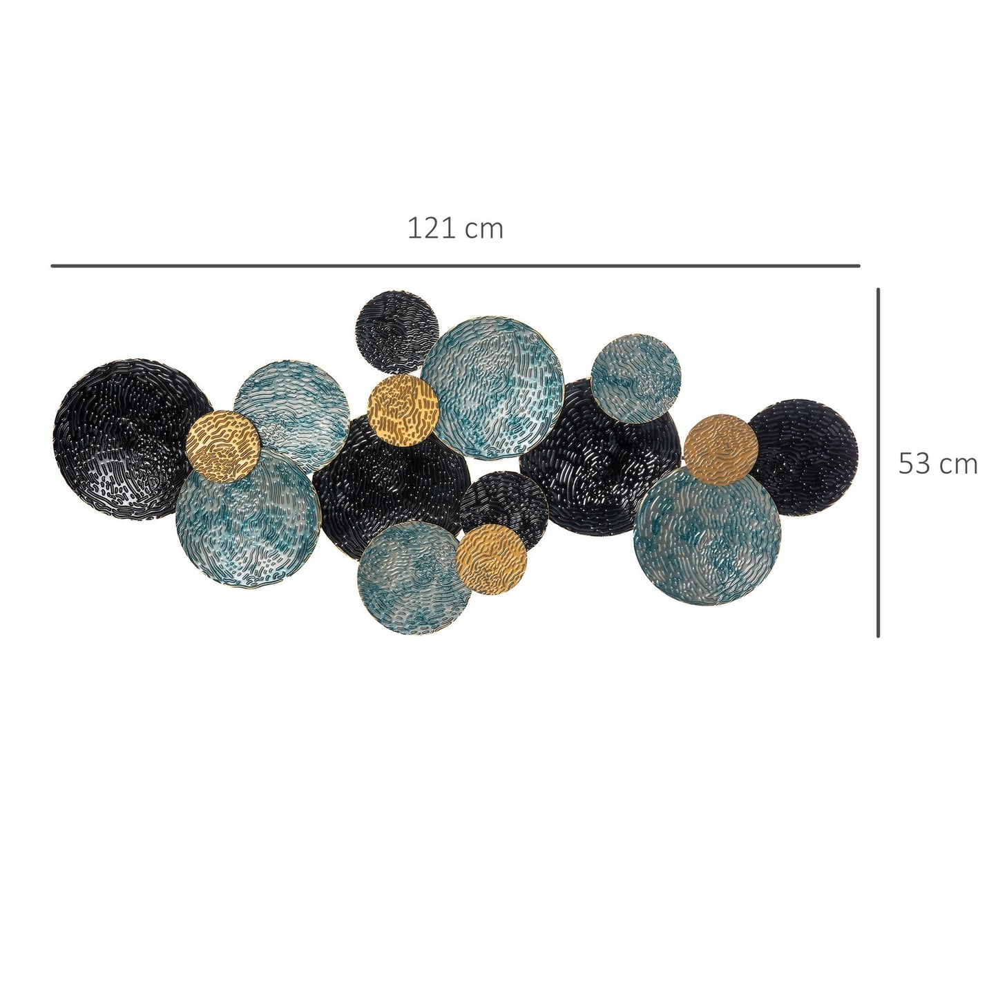 3D metal wall art - modern sculpture, gold/black/blue, 121x53 cm