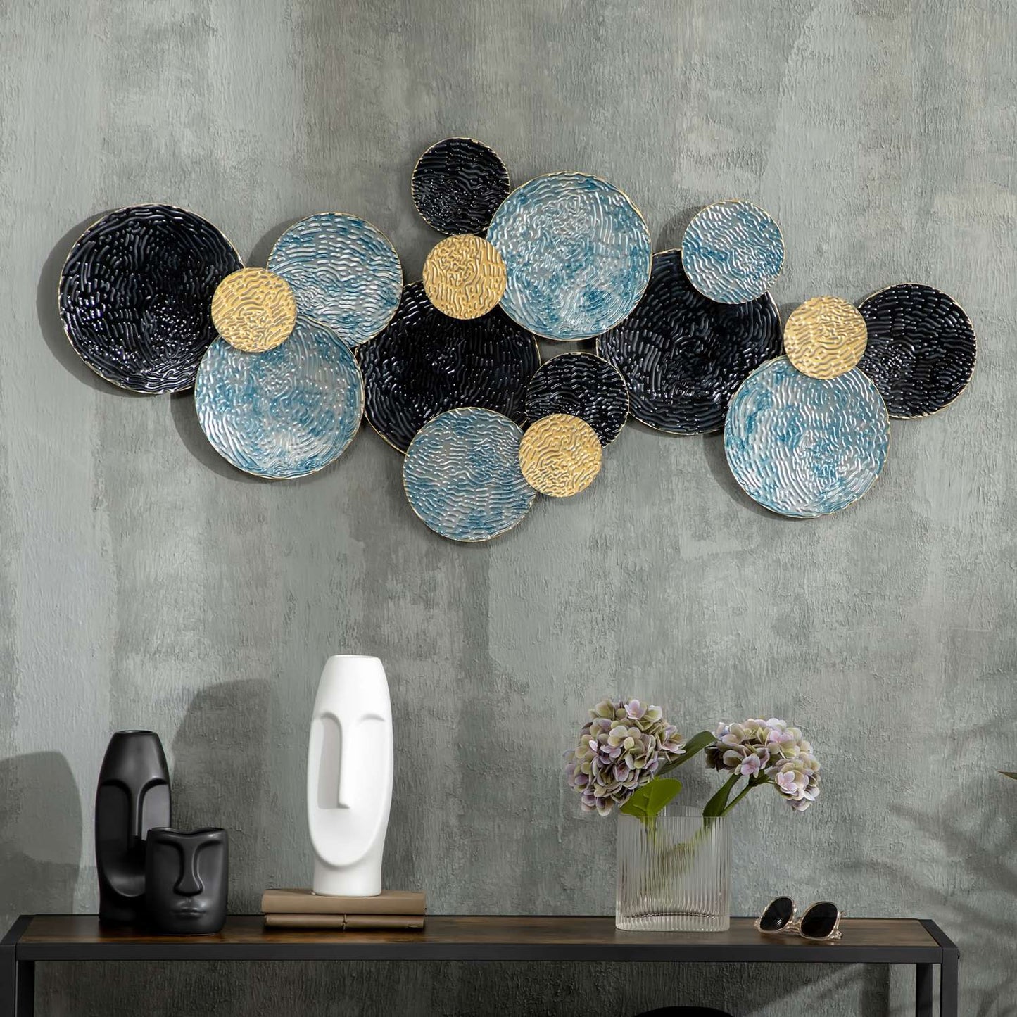3D metal wall art - modern sculpture, gold/black/blue, 121x53 cm