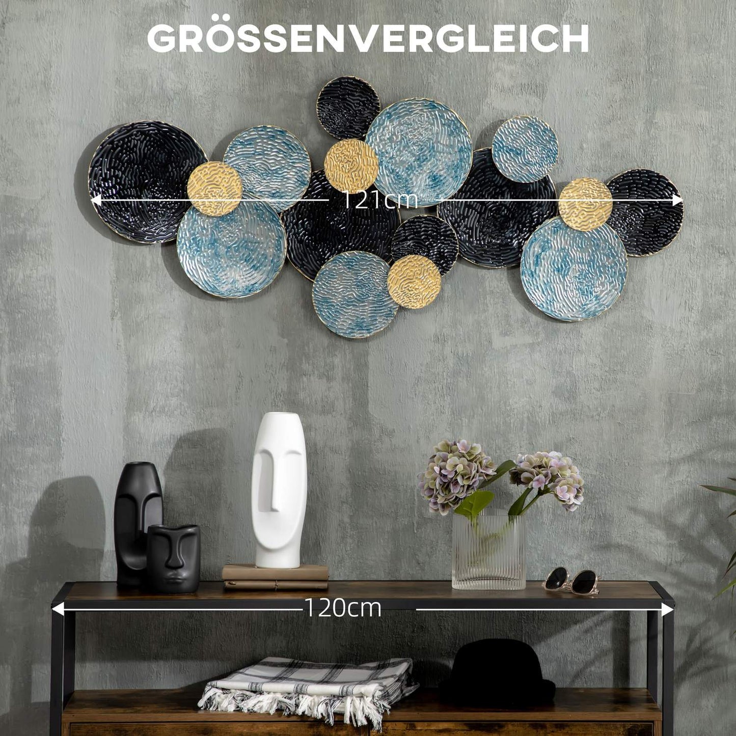 3D metal wall art - modern sculpture, gold/black/blue, 121x53 cm