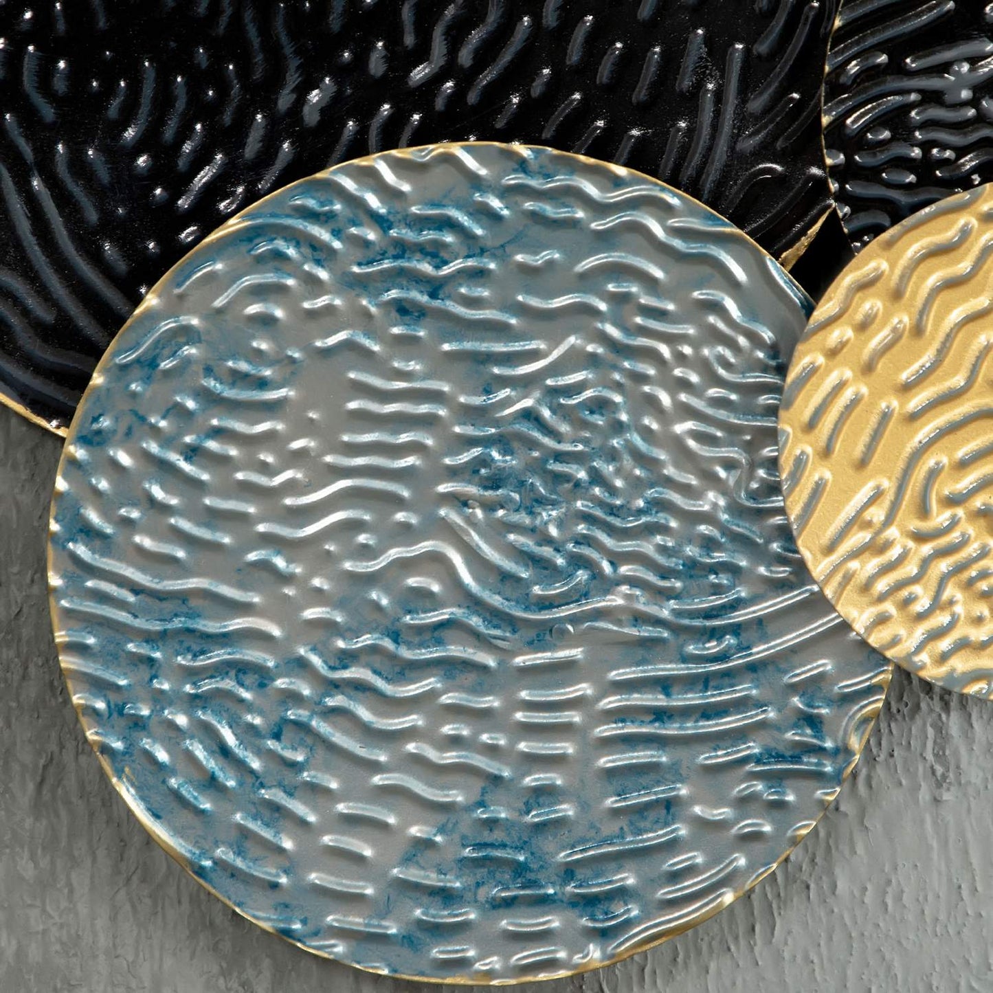 3D metal wall art - modern sculpture, gold/black/blue, 121x53 cm