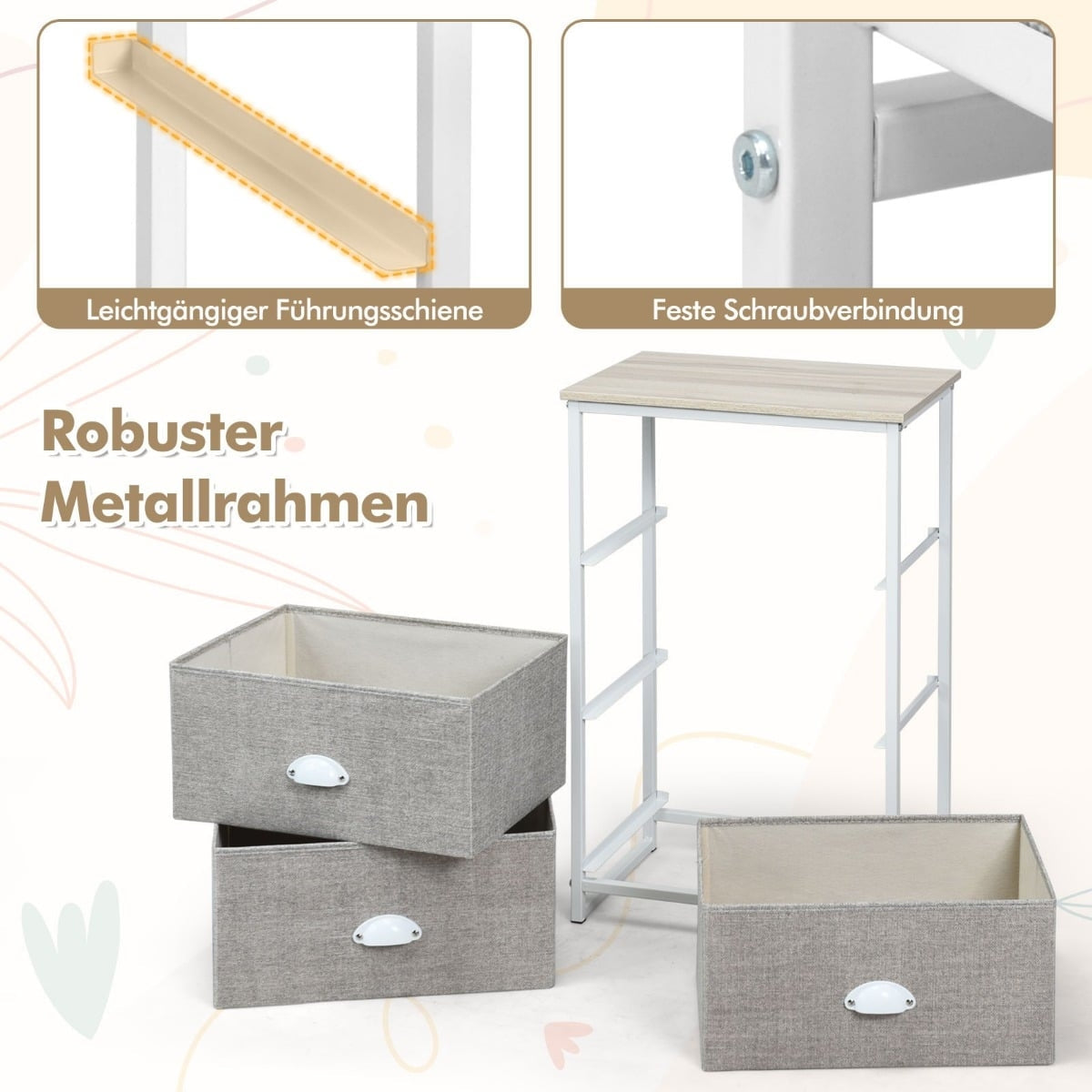 3-Drawer Dresser, Fabric & Metal, 45x30x73 cm, White/Gray