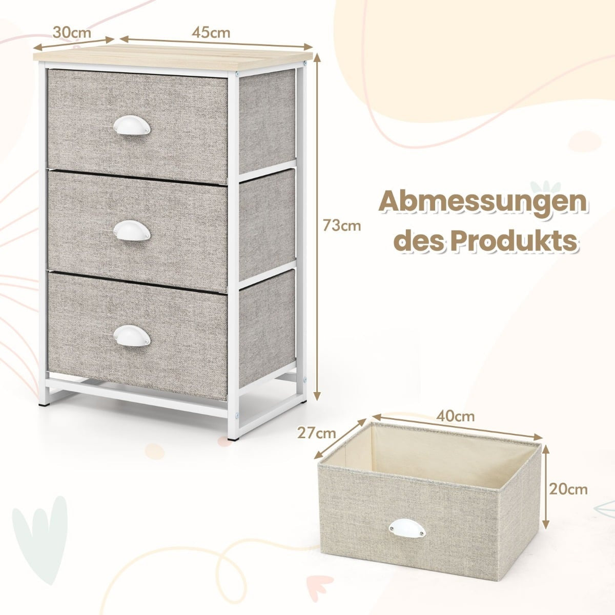 3-Drawer Dresser, Fabric & Metal, 45x30x73 cm, White/Gray