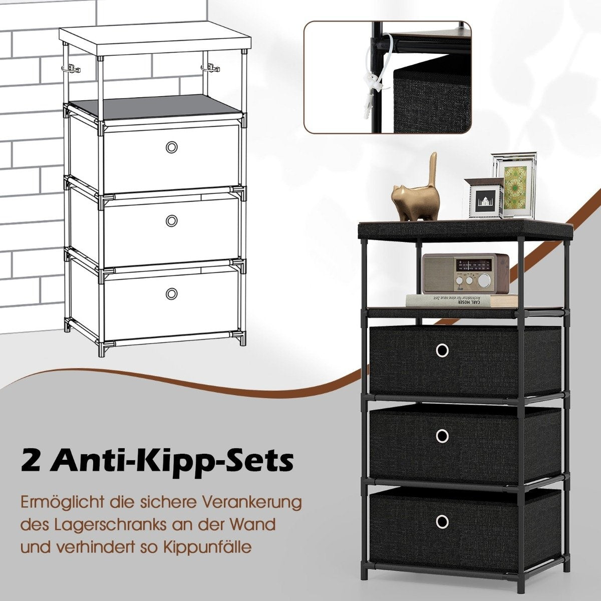 3-Drawer Fabric Dresser with Wood Top, Black, 40x30x81 cm