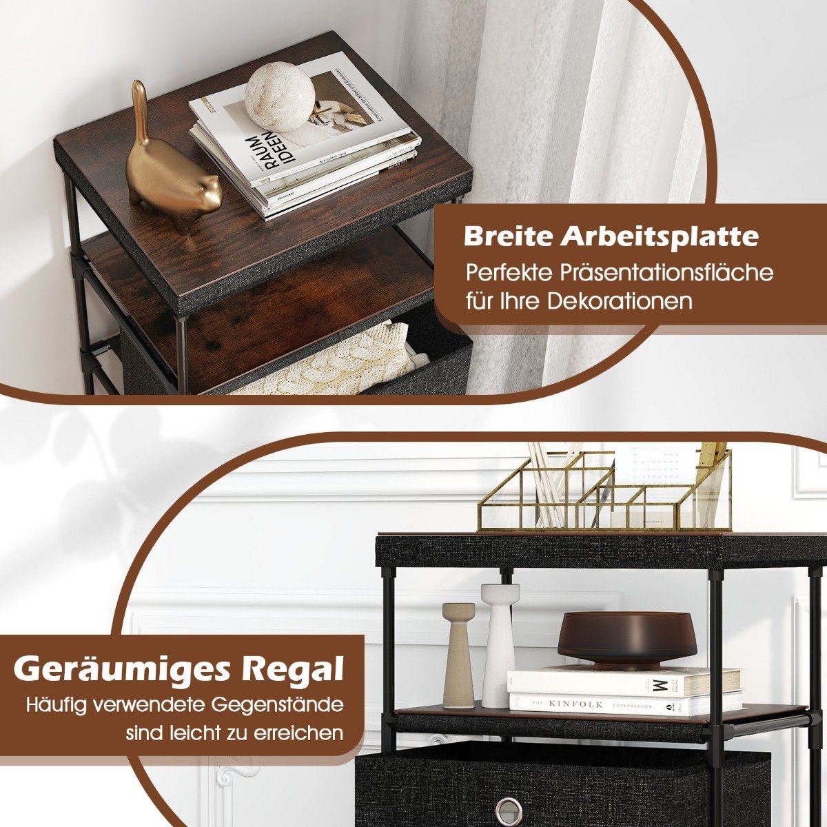 3-Drawer Fabric Dresser with Wood Top, Black, 40x30x81 cm