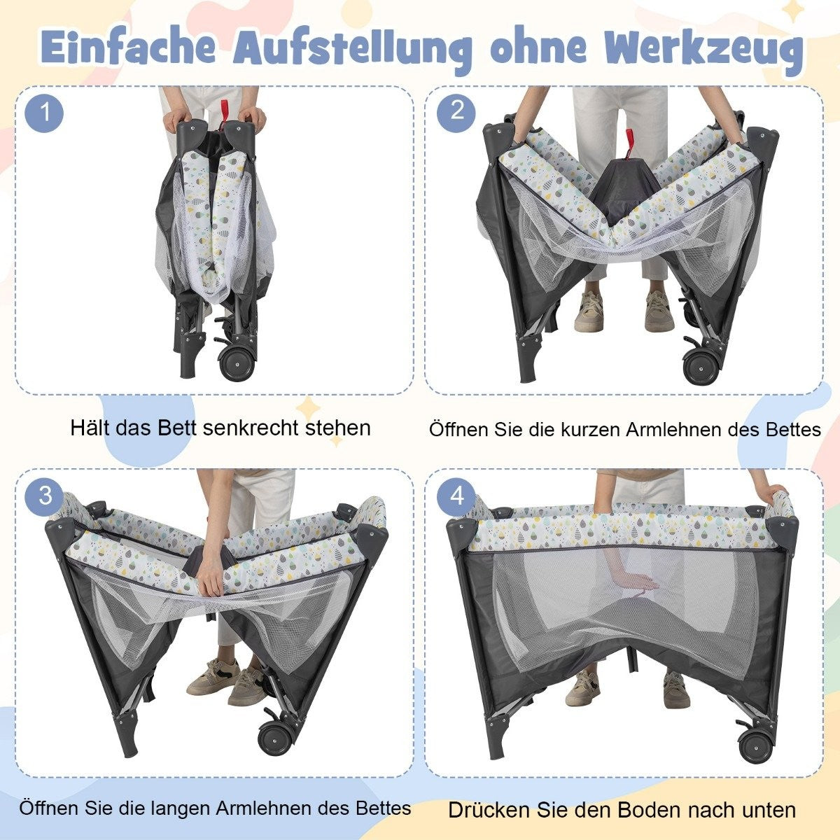 3 IN 1 side bed folding travel bed with mattress hanging toy beige