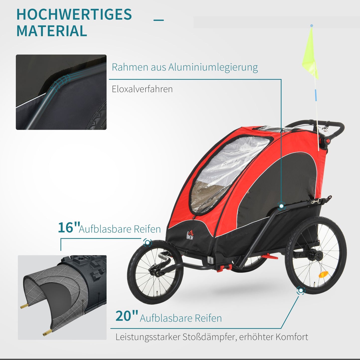 3-in-1 children's jogger and bicycle stroller, red/black, for 2