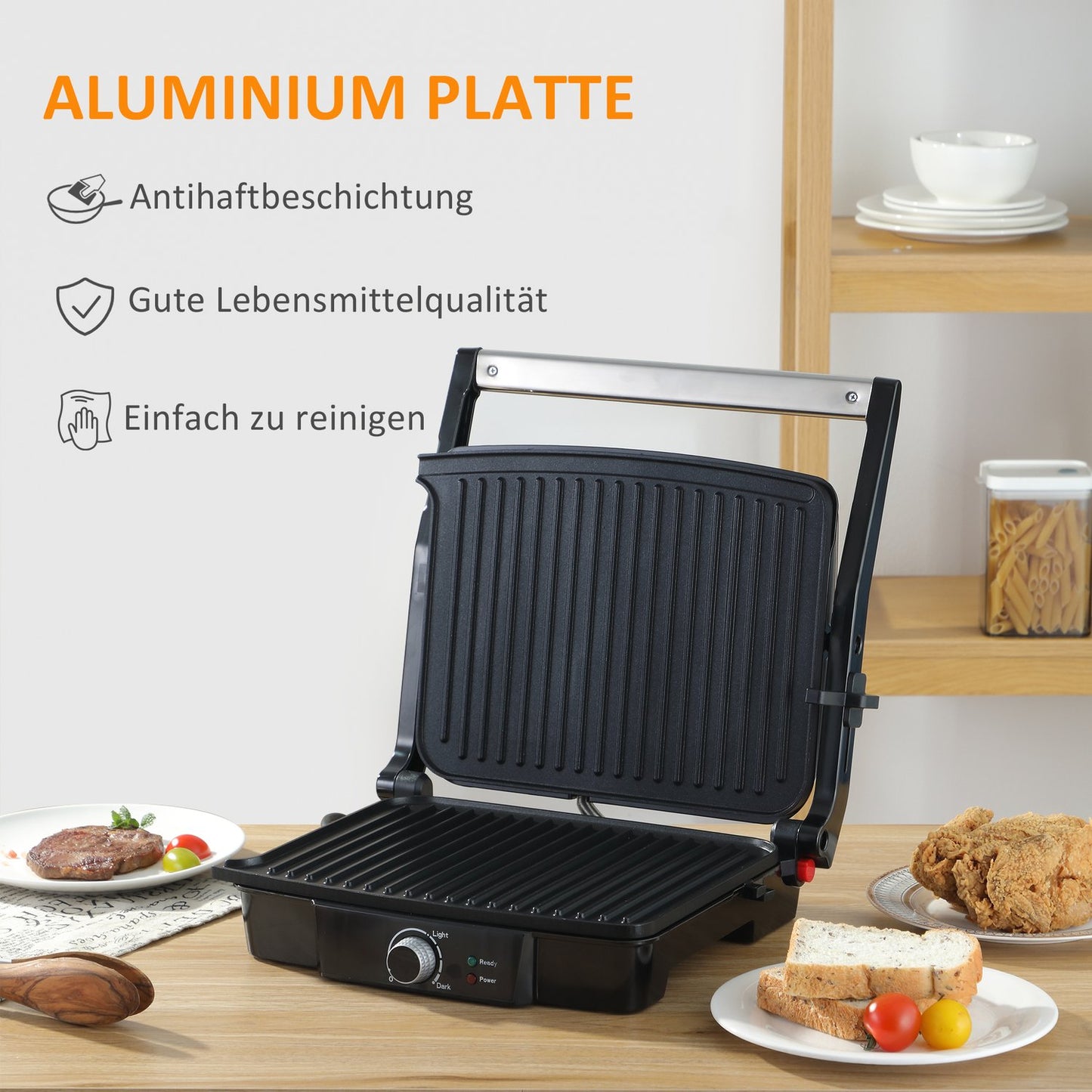 3-in-1 non-stick contact grill, 2000W, with adjustable thermostat