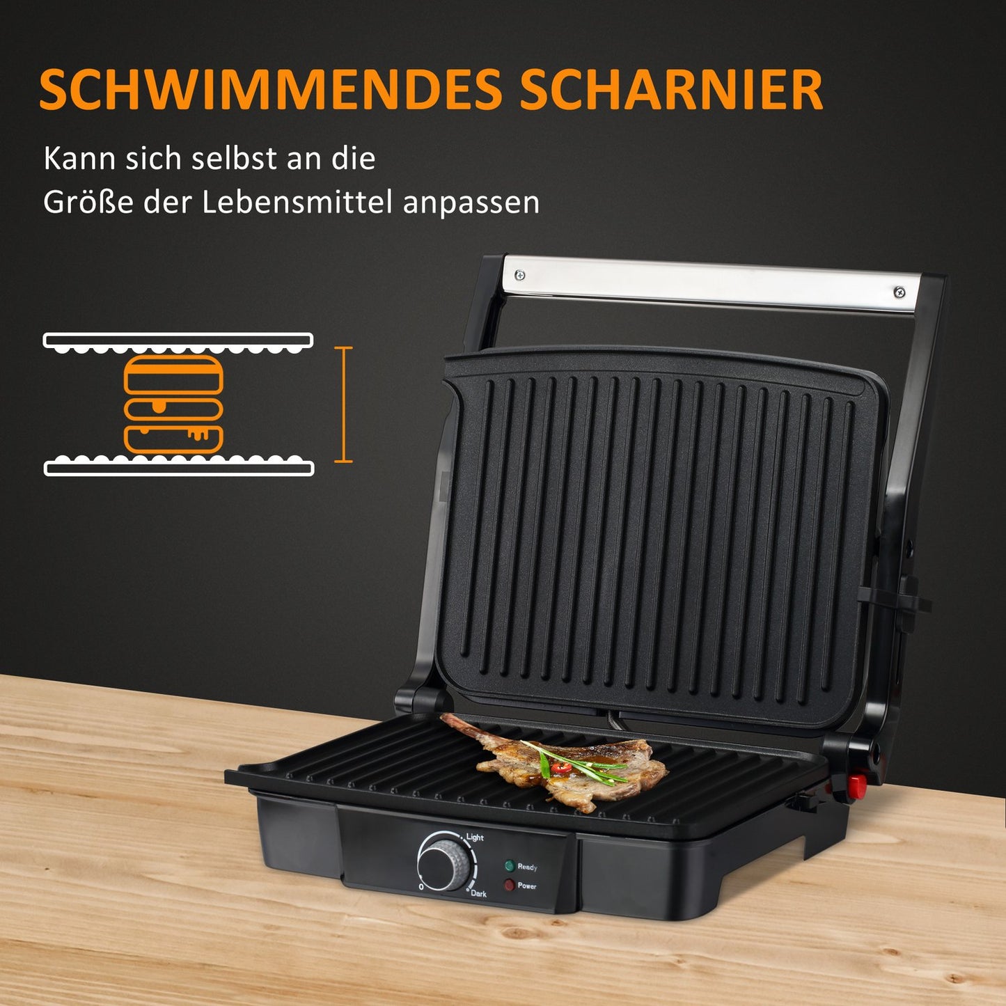 3-in-1 non-stick contact grill, 2000W, with adjustable thermostat
