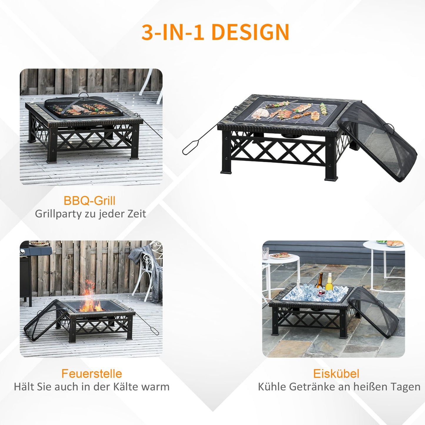 Fire bowl & pit with grill, spark guard, ice bucket