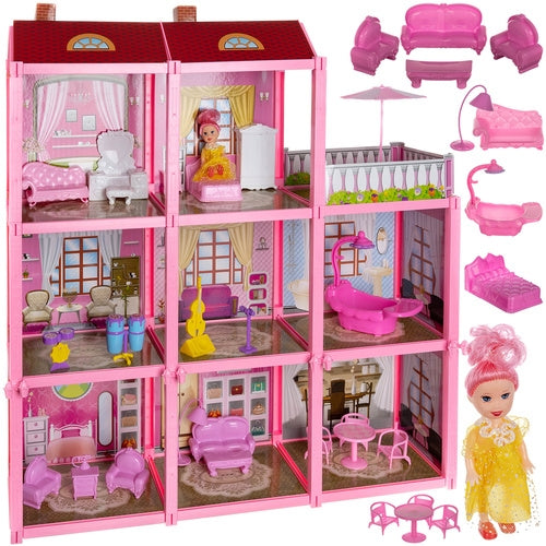 3-Level Dollhouse with Balcony, Doll, 22 Furniture Pieces