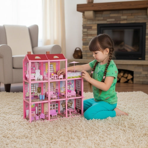 3-Level Dollhouse with Balcony, Doll, 22 Furniture Pieces