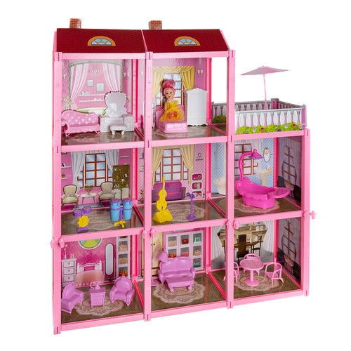 3-Level Dollhouse with Balcony, Doll, 22 Furniture Pieces