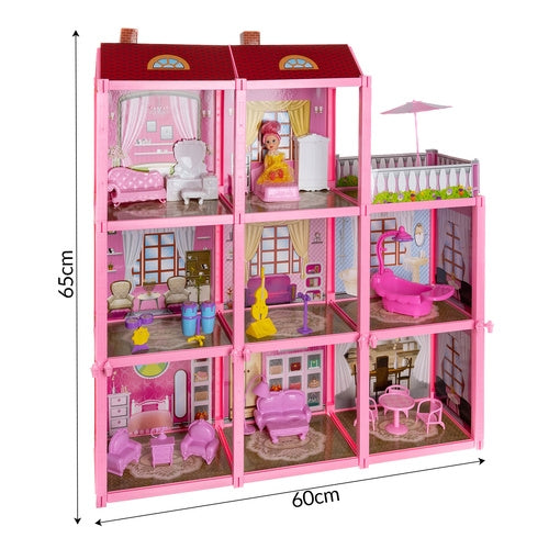 3-Level Dollhouse with Balcony, Doll, 22 Furniture Pieces