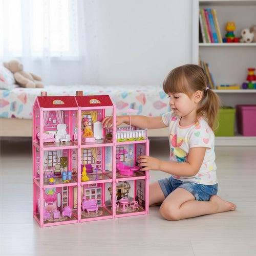 3-Level Dollhouse with Balcony, Doll, 22 Furniture Pieces